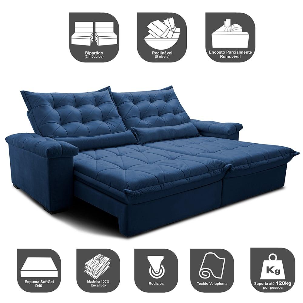 Sofá Retrátil e Reclinável 3,15m Cama inBox Big Fresh com SoftGel D40 Velupluma Azul
