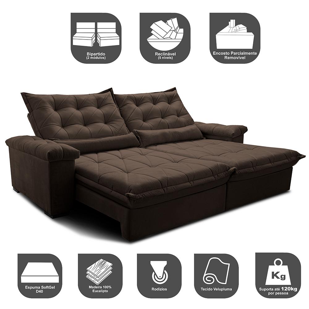 Sofá Retrátil e Reclinável 3,15m Cama inBox Big Fresh com SoftGel D40 Velupluma Café
