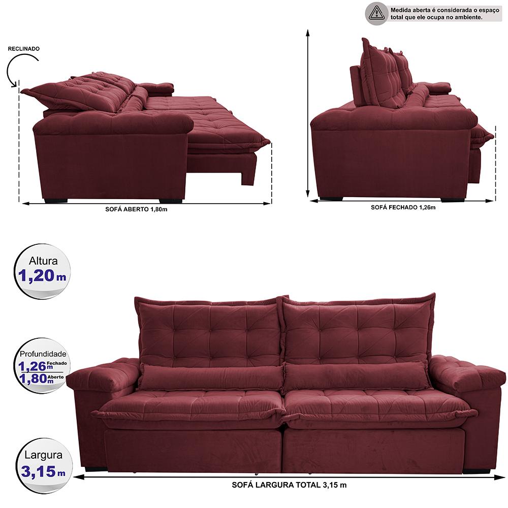 Sofá Retrátil e Reclinável 3,15m Cama inBox Big Fresh com SoftGel D40 Velupluma Vinho