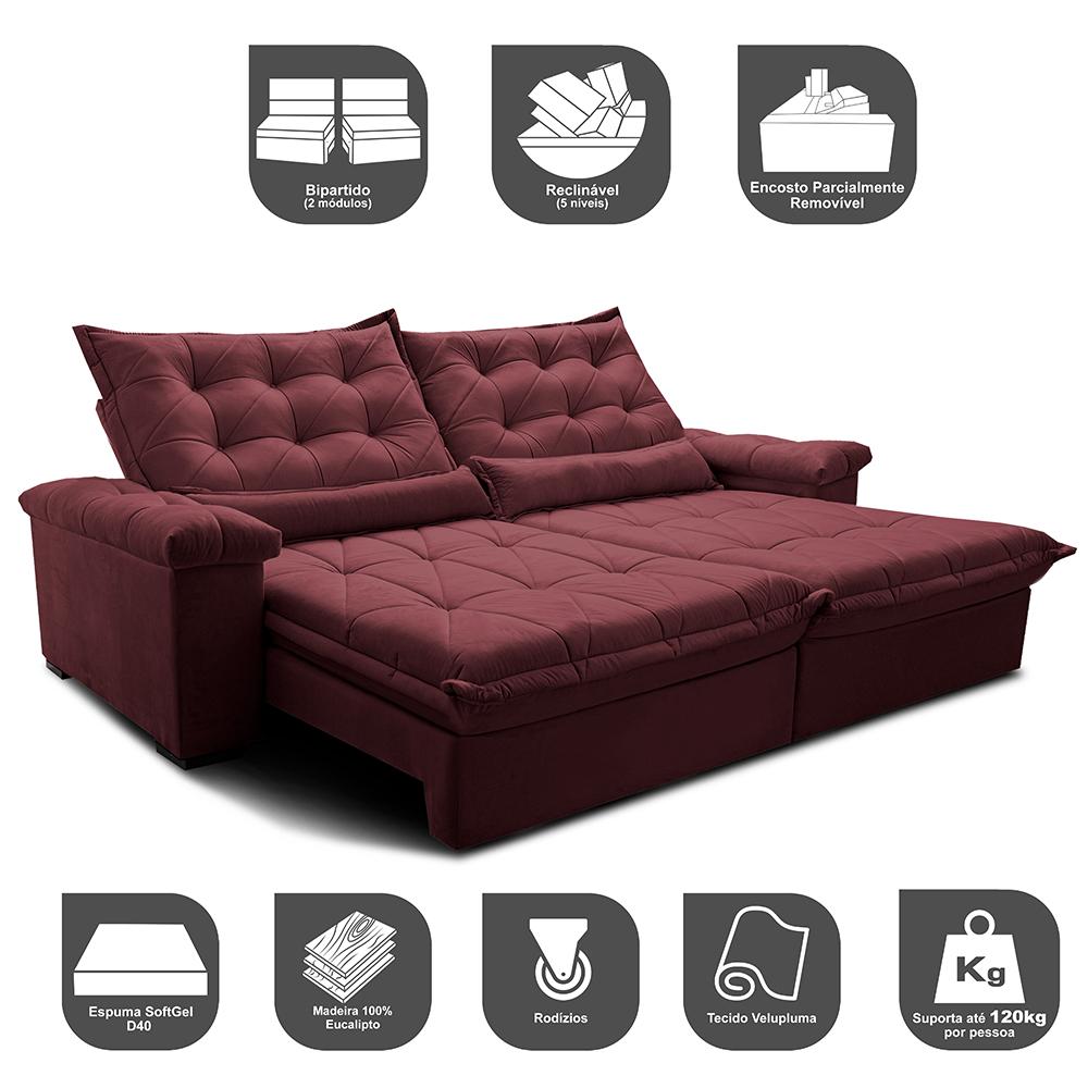 Sofá Retrátil e Reclinável 3,15m Cama inBox Big Fresh com SoftGel D40 Velupluma Vinho