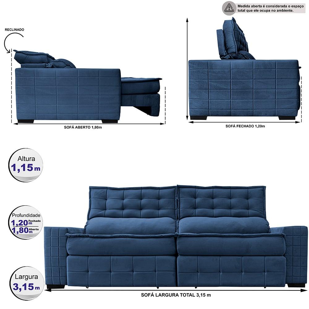 Sofá Retrátil e Reclinável 3,15m Cama inBox Big Puffer com SoftGel D40 Velupluma Azul