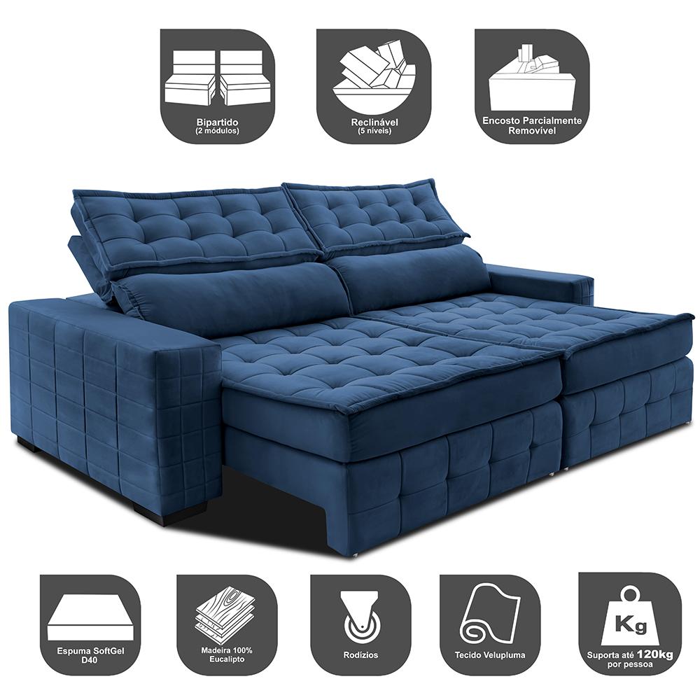 Sofá Retrátil e Reclinável 3,15m Cama inBox Big Puffer com SoftGel D40 Velupluma Azul