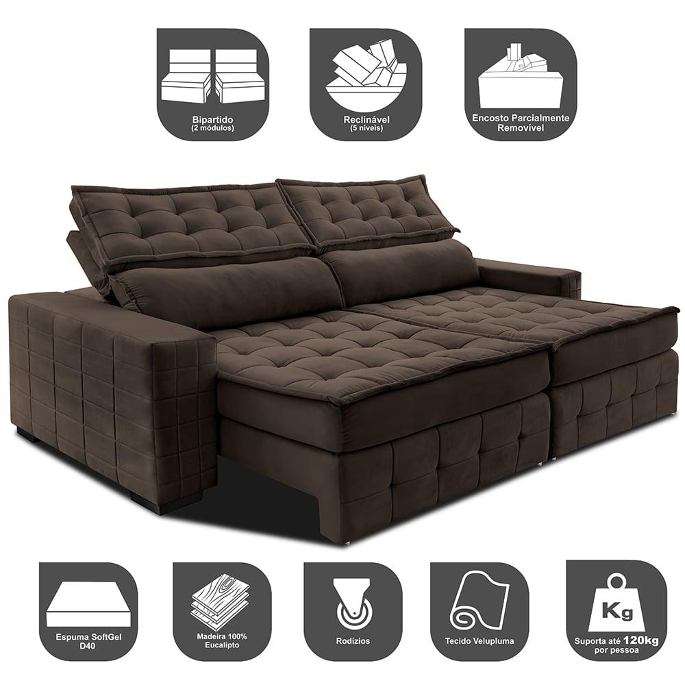 Sofá Retrátil e Reclinável 3,15m Cama inBox Big Puffer com SoftGel D40 Velupluma Café