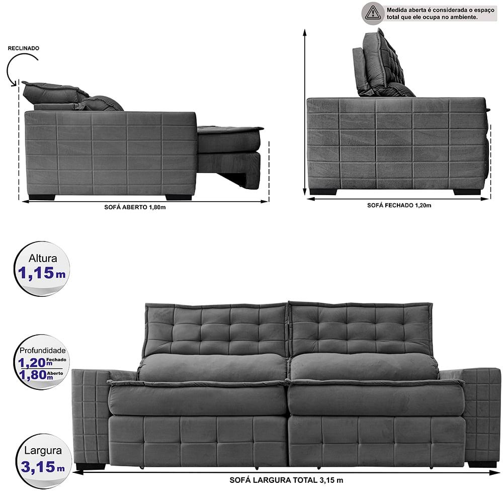 Sofá Retrátil e Reclinável 3,15m Cama inBox Big Puffer com SoftGel D40 Velupluma Cinza