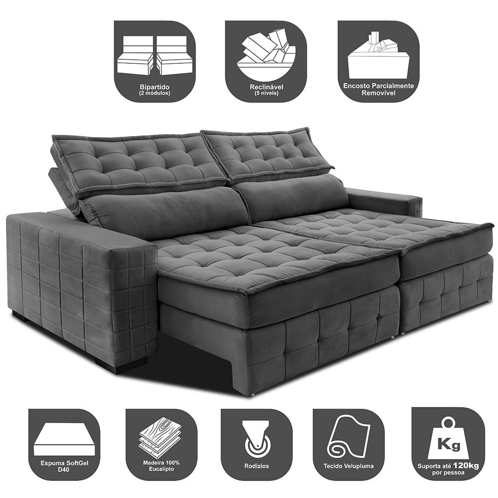 Sofá Retrátil e Reclinável 3,15m Cama inBox Big Puffer com SoftGel D40 Velupluma Cinza