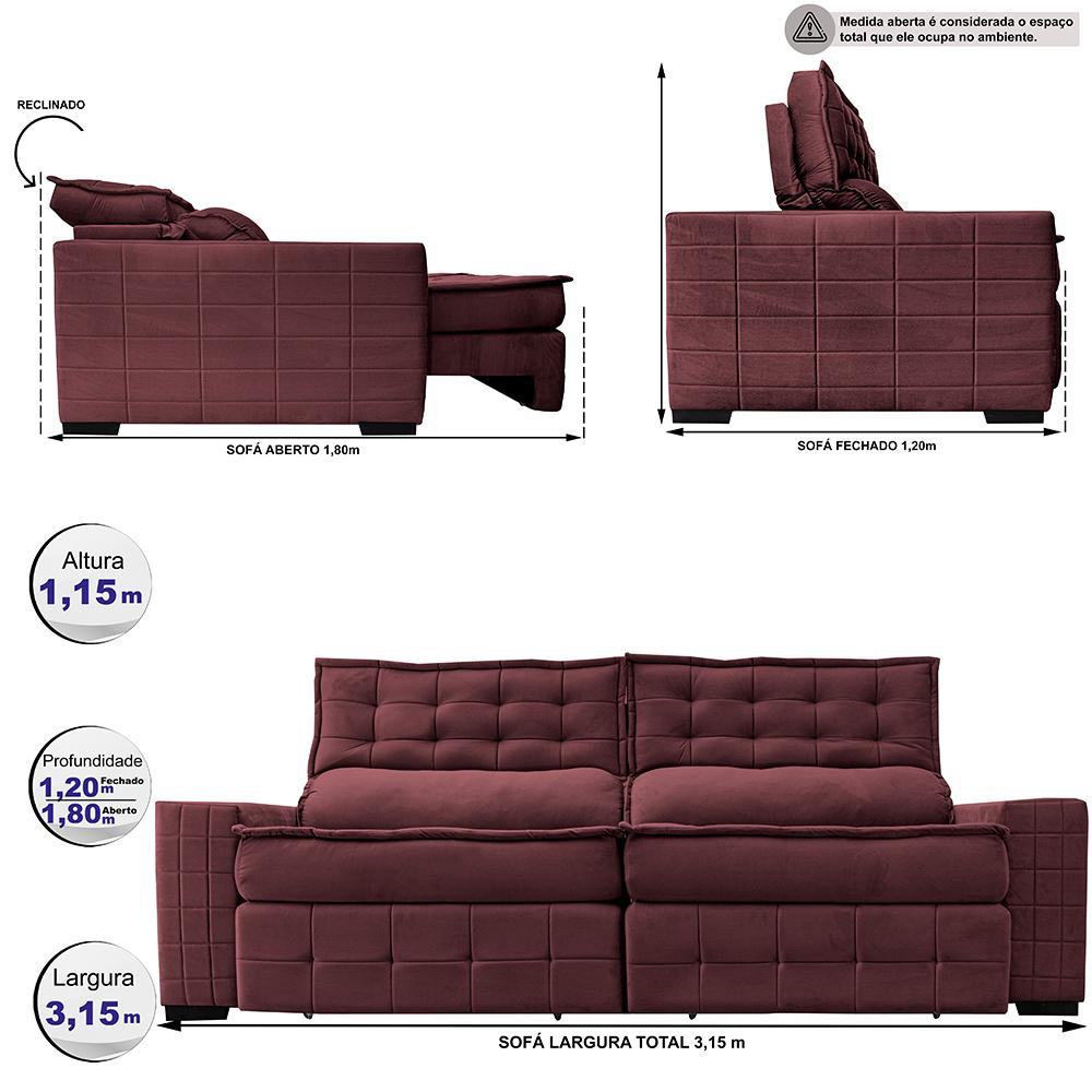 Sofá Retrátil e Reclinável 3,15m Cama inBox Big Puffer com SoftGel D40 Velupluma Vinho