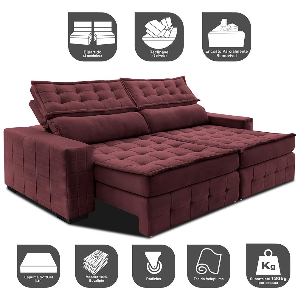 Sofá Retrátil e Reclinável 3,15m Cama inBox Big Puffer com SoftGel D40 Velupluma Vinho