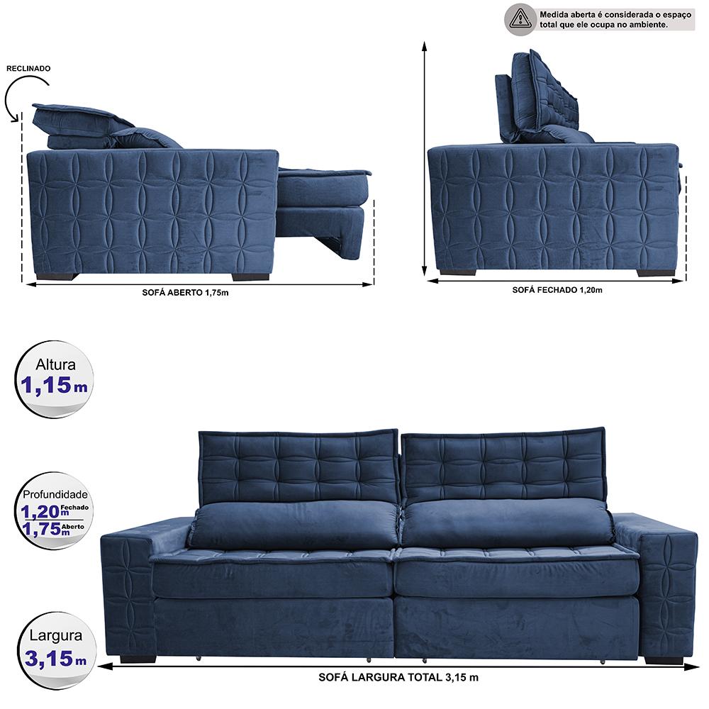 Sofá Retrátil e Reclinável 3,15m Cama inBox Big Star com SoftGel D40 Velupluma Azul