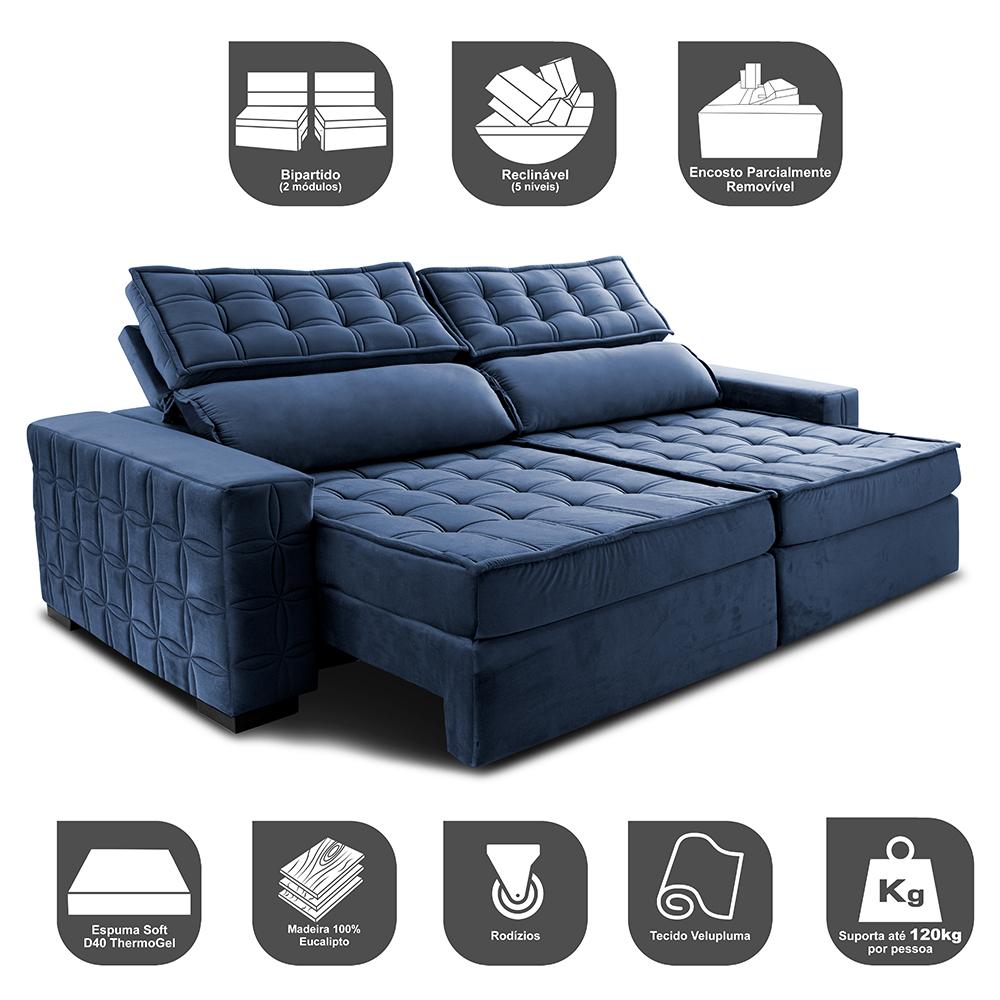 Sofá Retrátil e Reclinável 3,15m Cama inBox Big Star com SoftGel D40 Velupluma Azul