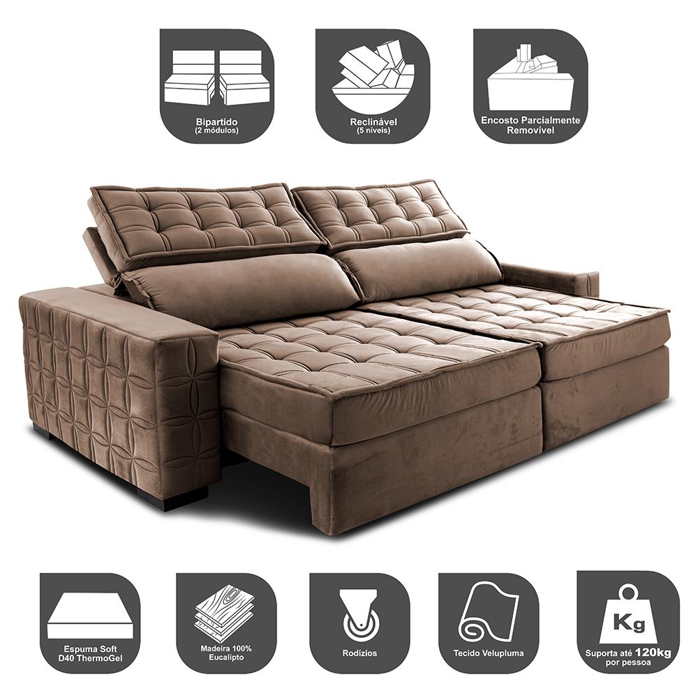 Sofá Retrátil e Reclinável 3,15m Cama inBox Big Star com SoftGel D40 Velupluma Castor