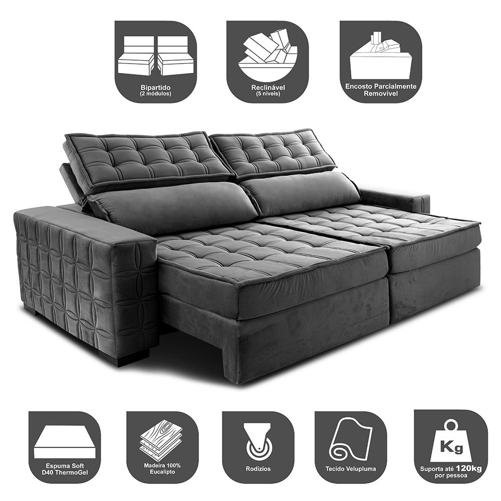 Sofá Retrátil e Reclinável 3,15m Cama inBox Big Star com SoftGel D40 Velupluma Cinza