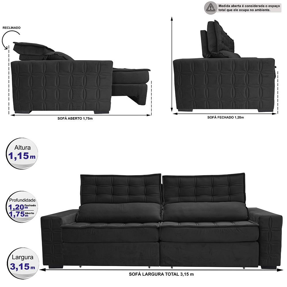 Sofá Retrátil e Reclinável 3,15m Cama inBox Big Star com SoftGel D40 Velupluma Preto