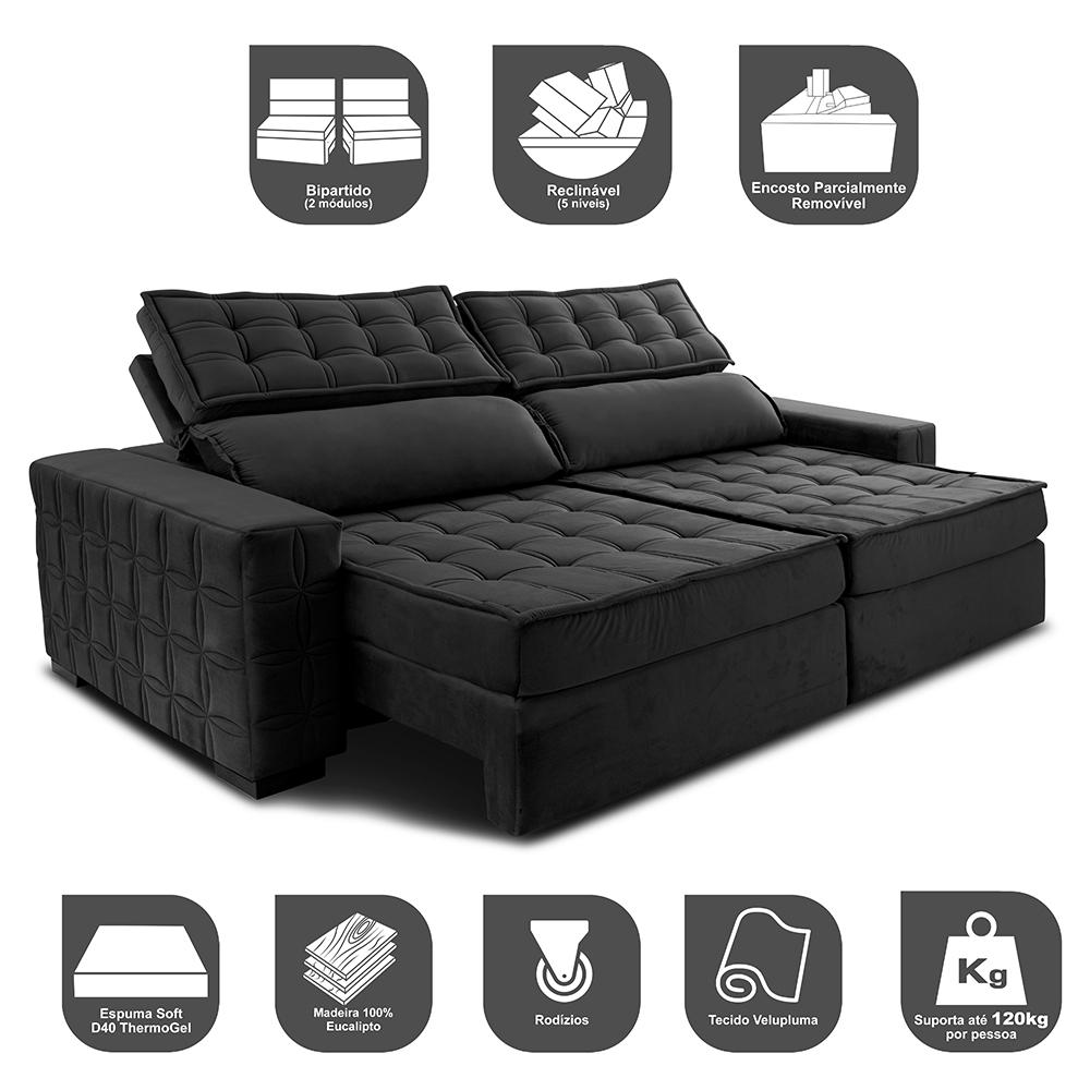 Sofá Retrátil e Reclinável 3,15m Cama inBox Big Star com SoftGel D40 Velupluma Preto