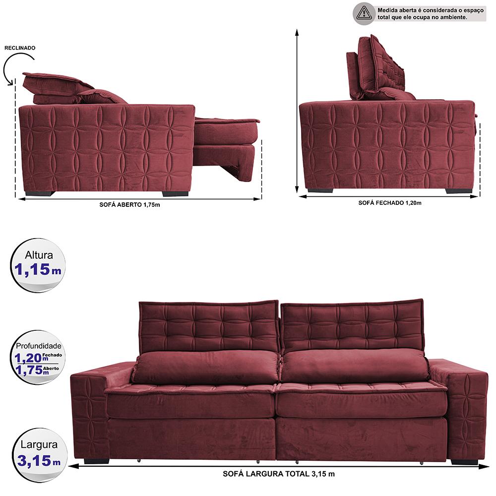 Sofá Retrátil e Reclinável 3,15m Cama inBox Big Star com SoftGel D40 Velupluma Vinho