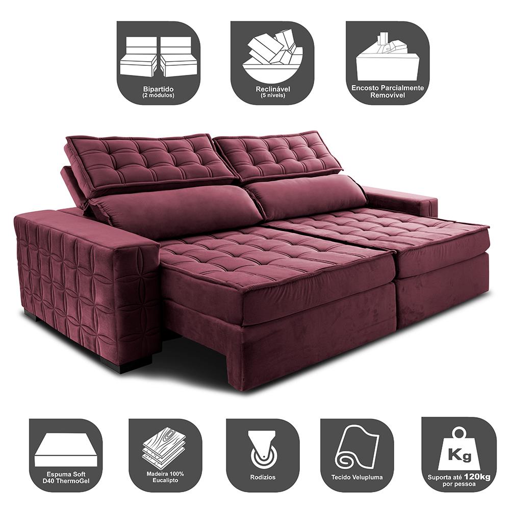 Sofá Retrátil e Reclinável 3,15m Cama inBox Big Star com SoftGel D40 Velupluma Vinho