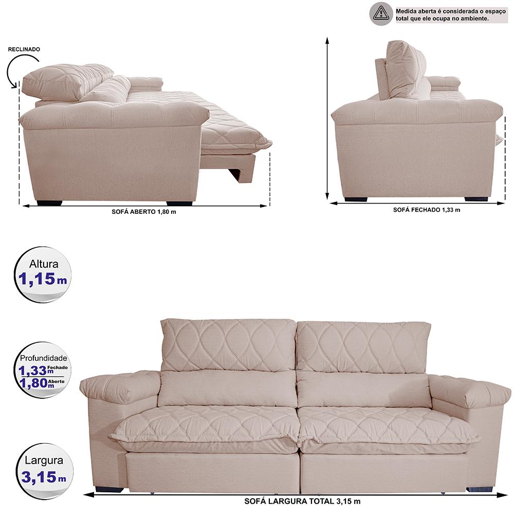 Sofá Retrátil e Reclinável 3,15m Molas Ensacadas Cama inBox Big Home com Bordado 3D Linho Bege Claro