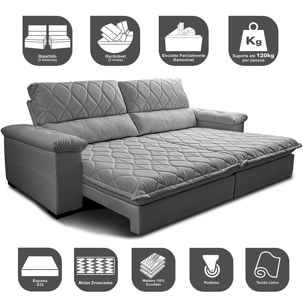 Sofá Retrátil e Reclinável 3,15m Molas Ensacadas Cama inBox Big Home com Bordado 3D Linho Cinza Claro