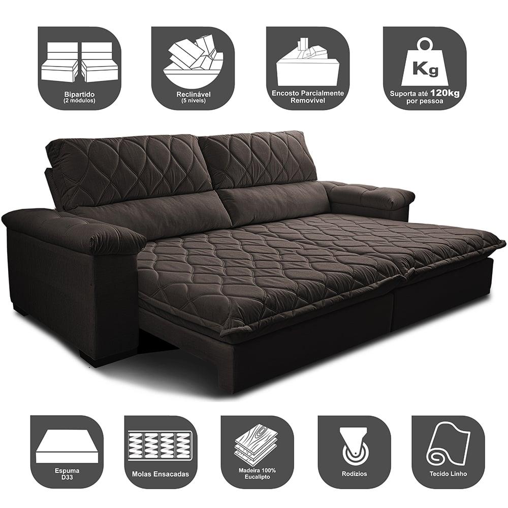 Sofá Retrátil e Reclinável 3,15m Molas Ensacadas Cama inBox Big Home com Bordado 3D Linho Marrom
