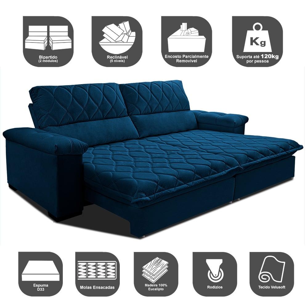 Sofá Retrátil e Reclinável 3,15m Molas Ensacadas Cama inBox Big Home com Bordado 3D Velusoft Azul