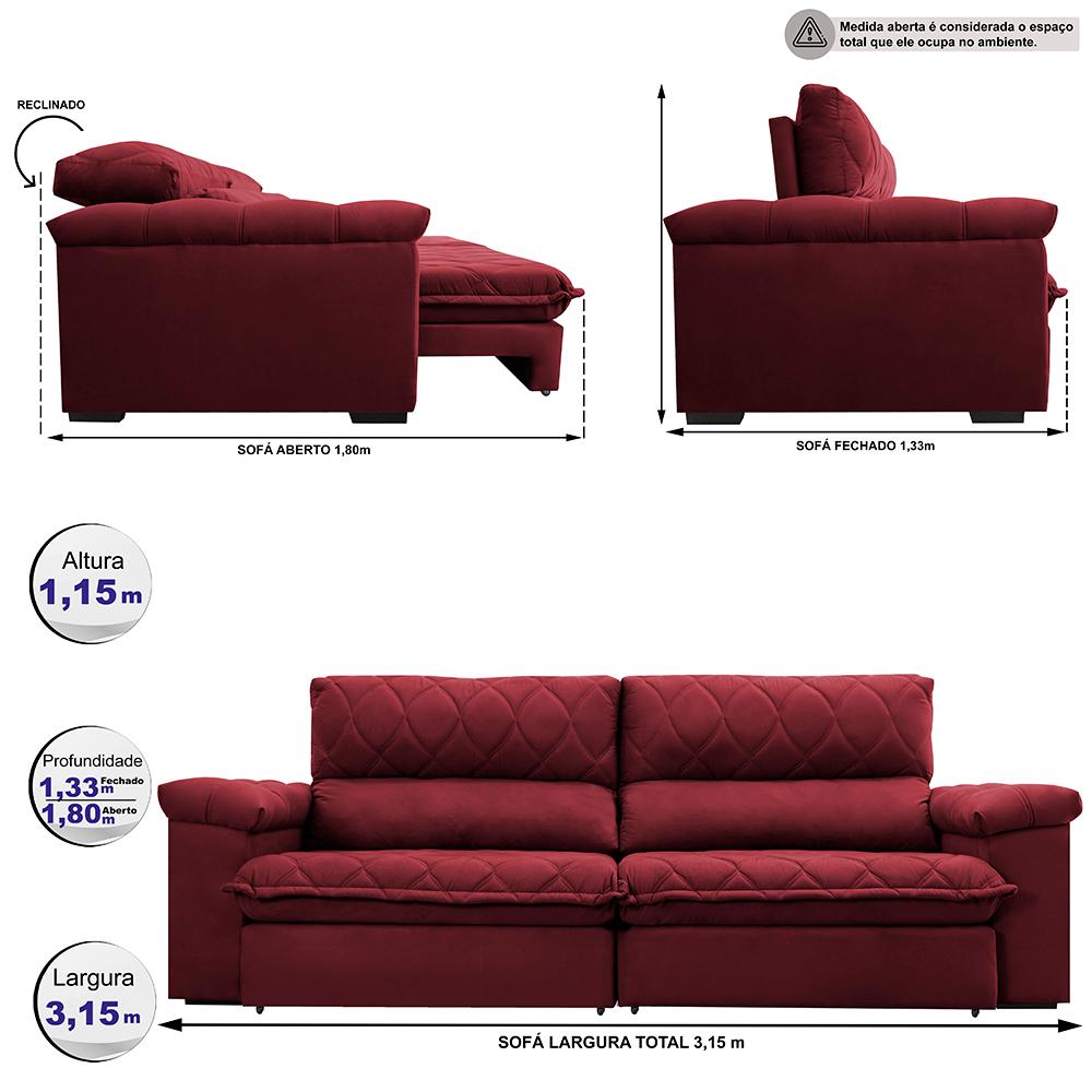 Sofá Retrátil e Reclinável 3,15m Molas Ensacadas Cama inBox Big Home com Bordado 3D Velusoft Vinho