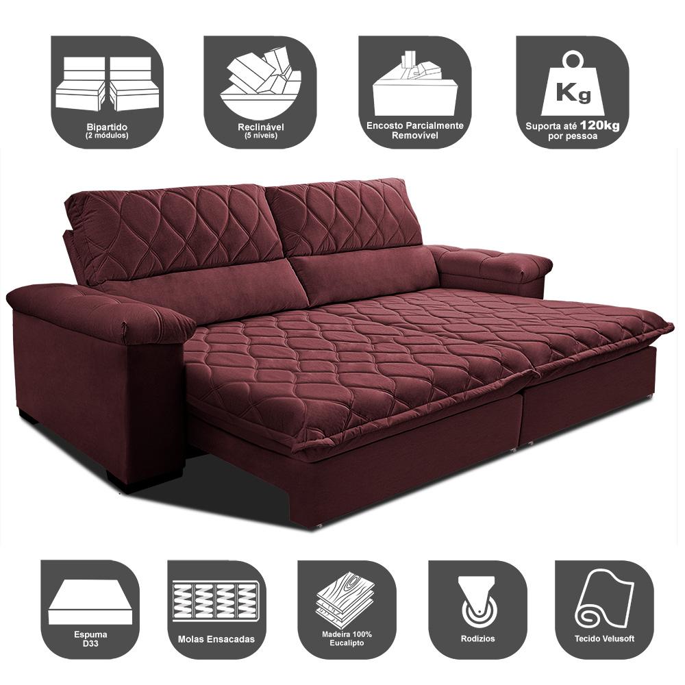 Sofá Retrátil e Reclinável 3,15m Molas Ensacadas Cama inBox Big Home com Bordado 3D Velusoft Vinho