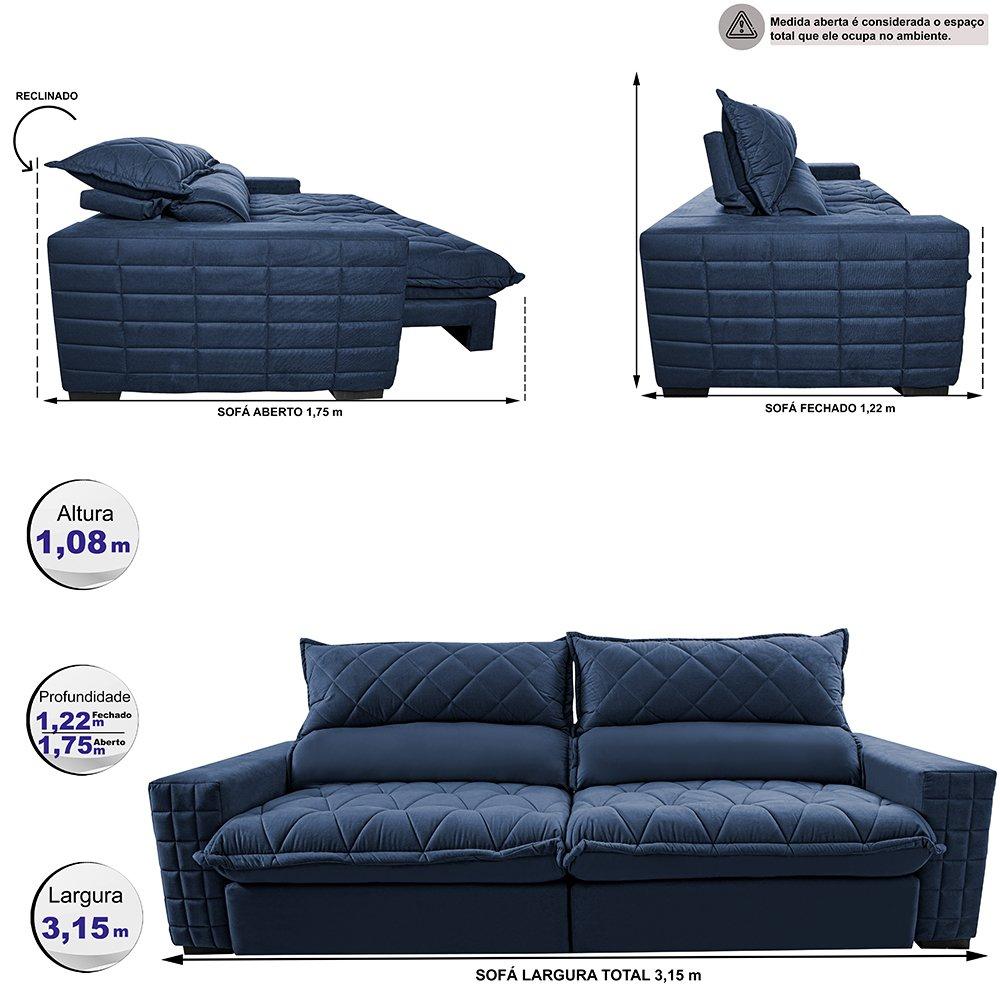 Sofá Retrátil e Reclinável 3,15m Molas Ensacadas Cama inBox Elegance com ThermoGel Velusoft Azul