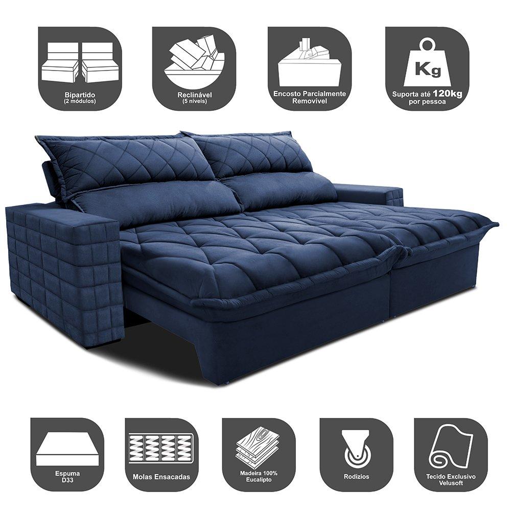 Sofá Retrátil e Reclinável 3,15m Molas Ensacadas Cama inBox Elegance com ThermoGel Velusoft Azul