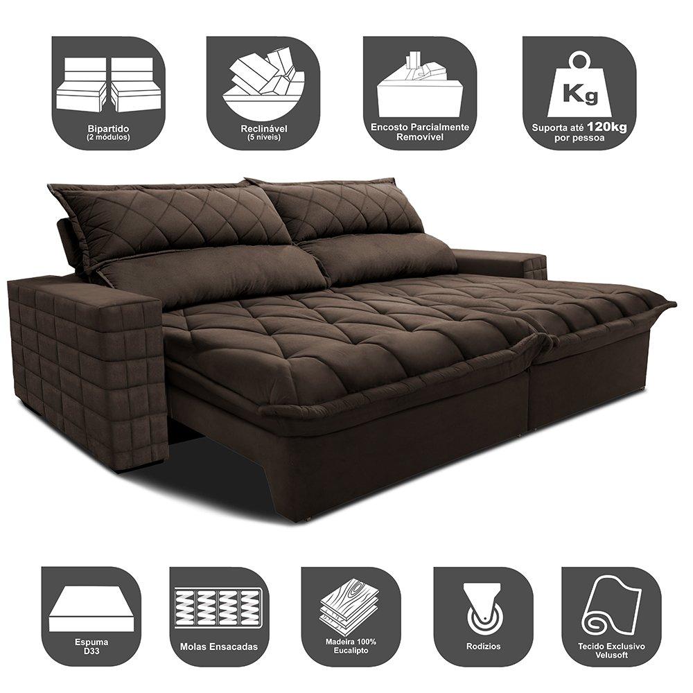 Sofá Retrátil e Reclinável 3,15m Molas Ensacadas Cama inBox Elegance com ThermoGel Velusoft Café