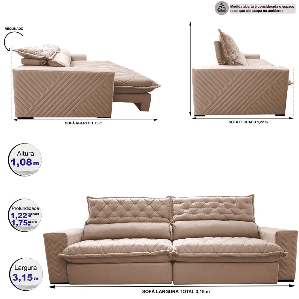 Sofá Retrátil e Reclinável 3,15m Molas Ensacadas Cama inBox Spazus com Bordado 3D Velusoft Bege