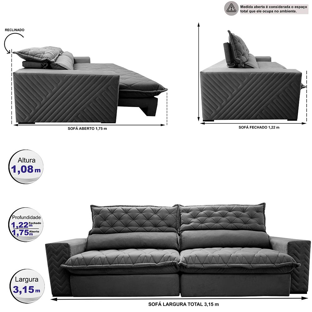 Sofá Retrátil e Reclinável 3,15m Molas Ensacadas Cama inBox Spazus com Bordado 3D Velusoft Cinza