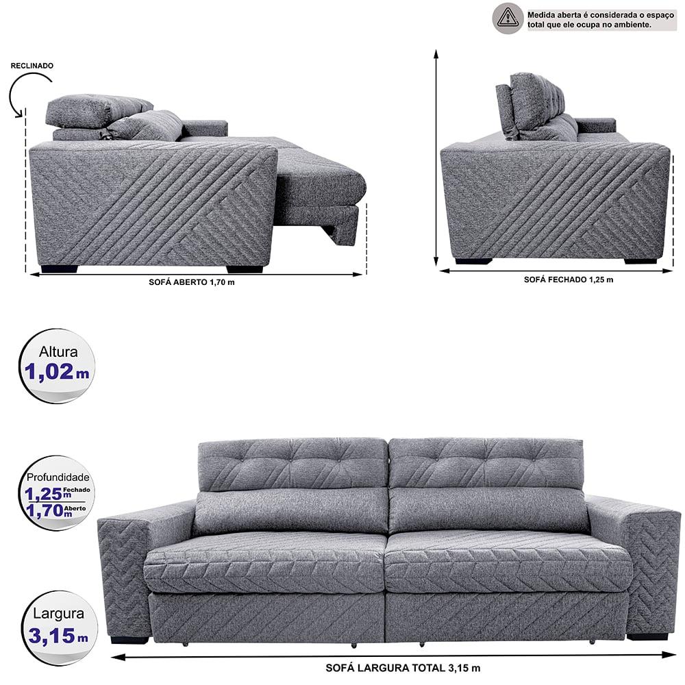 Sofá Retrátil e Reclinável 3,15m Molas Ensacadas Cama inBox Style Thermo Gel Linho Cinza Claro