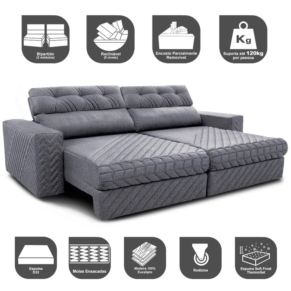 Sofá Retrátil e Reclinável 3,15m Molas Ensacadas Cama inBox Style Thermo Gel Linho Cinza Claro