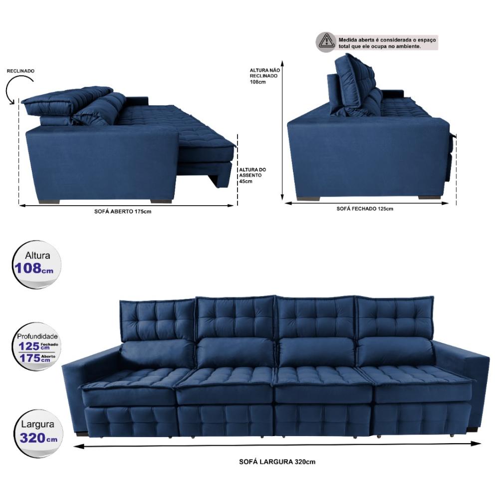 Sofá Retrátil e Reclinável 3,20m Molas Ensacadas e Costura Tripla Cama inBox Nobre Suede Azul