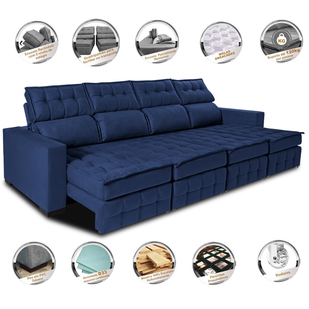 Sofá Retrátil e Reclinável 3,20m Molas Ensacadas e Costura Tripla Cama inBox Nobre Suede Azul