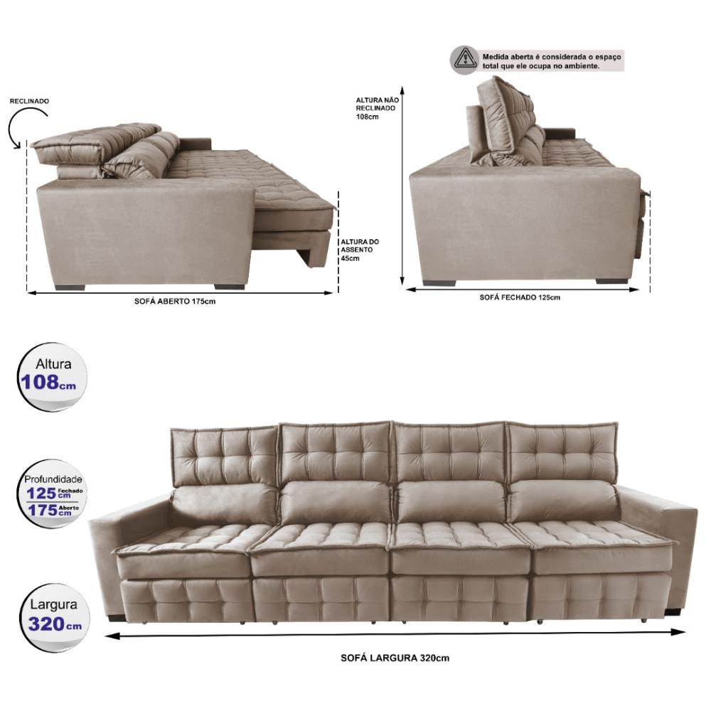 Sofá Retrátil e Reclinável 3,20m Molas Ensacadas e Costura Tripla Cama inBox Nobre Suede Bege