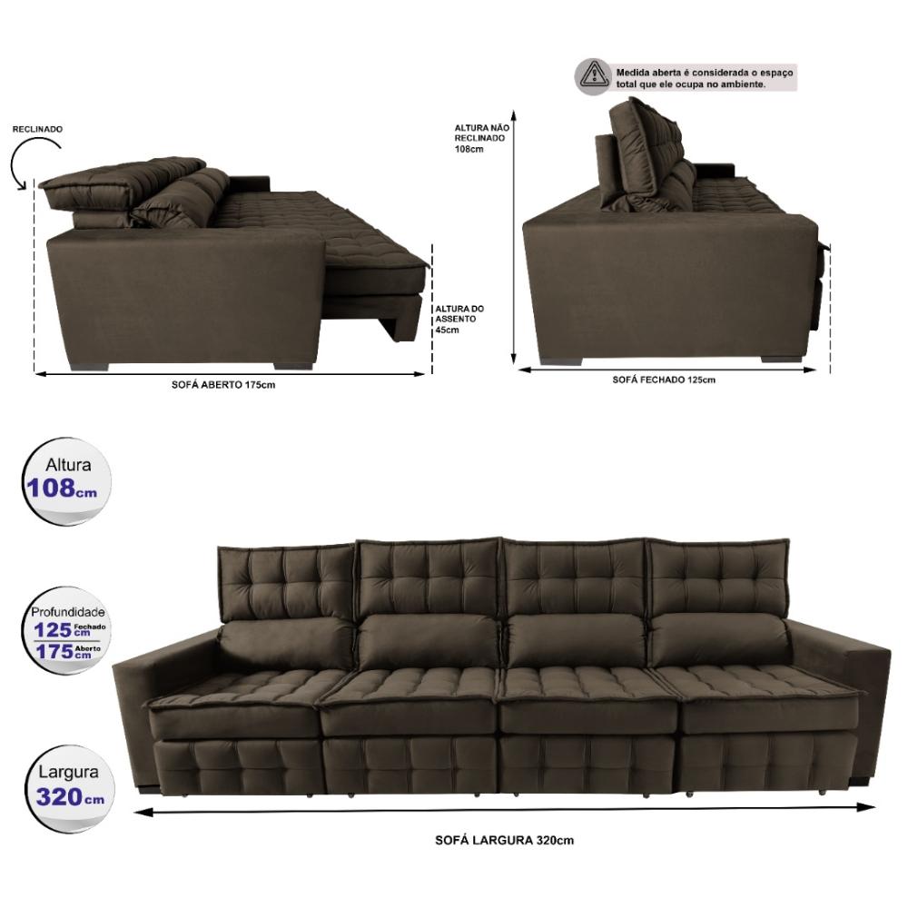 Sofá Retrátil e Reclinável 3,20m Molas Ensacadas e Costura Tripla Cama inBox Nobre Suede Café