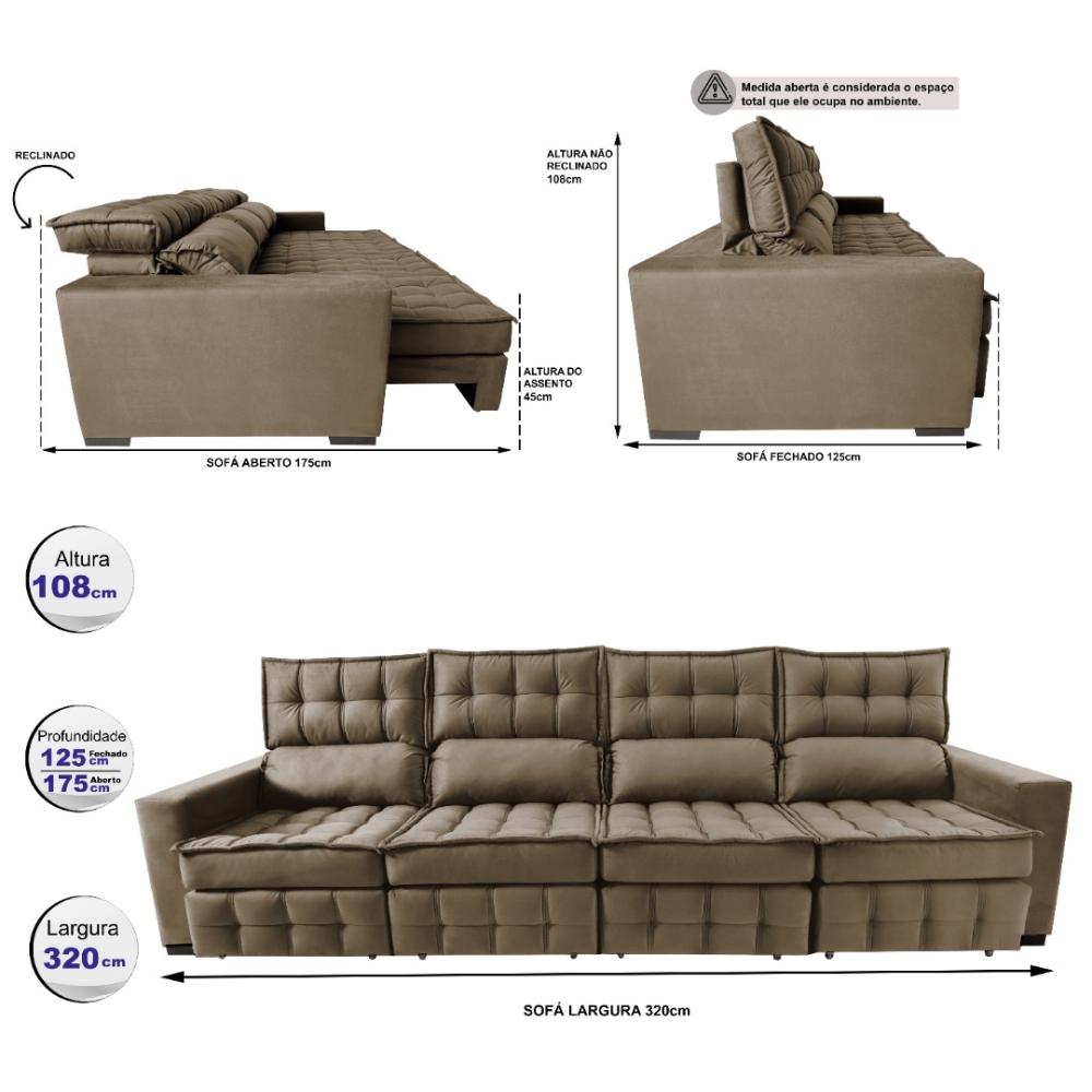 Sofá Retrátil e Reclinável 3,20m Molas Ensacadas e Costura Tripla Cama inBox Nobre Suede Castor