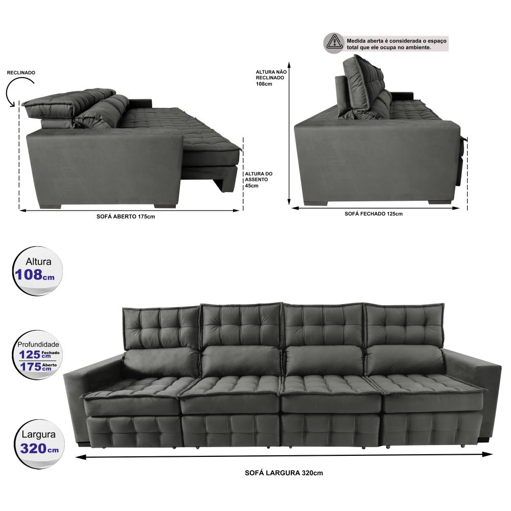 Sofá Retrátil e Reclinável 3,20m Molas Ensacadas e Costura Tripla Cama inBox Nobre Suede Cinza