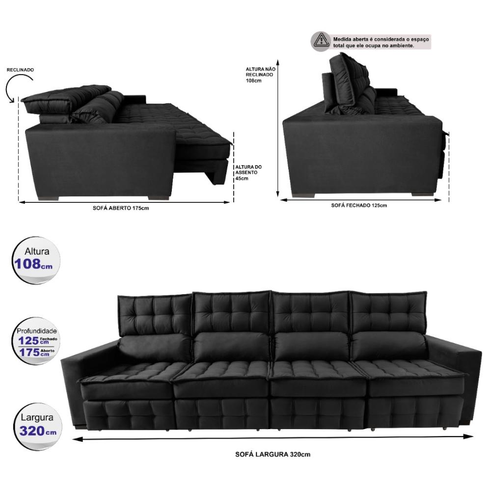 Sofá Retrátil e Reclinável 3,20m Molas Ensacadas e Costura Tripla Cama inBox Nobre Suede Preto