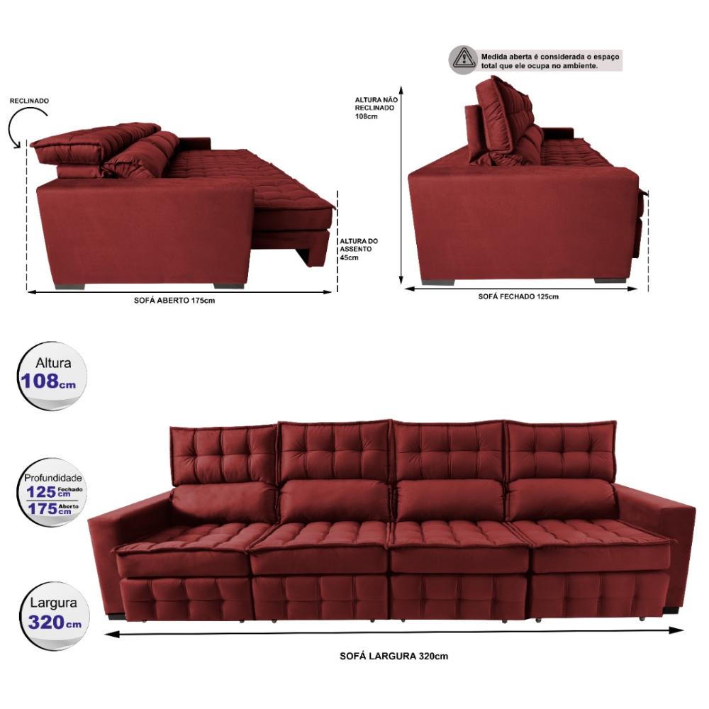 Sofá Retrátil e Reclinável 3,20m Molas Ensacadas e Costura Tripla Cama inBox Nobre Suede Vermelho