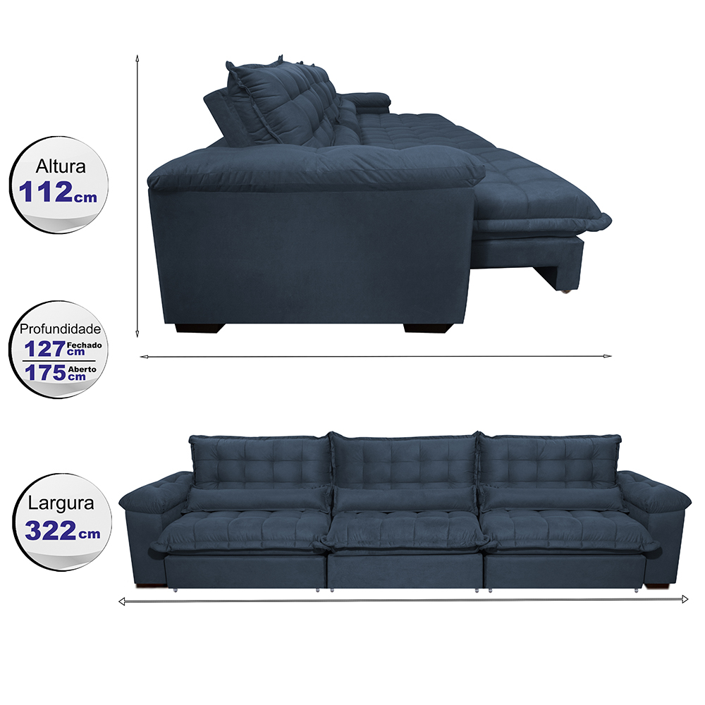 Sofá Retrátil e Reclinável 3,22m com Molas Ensacadas Cama inBox Aconchego Tecido Suede Azul