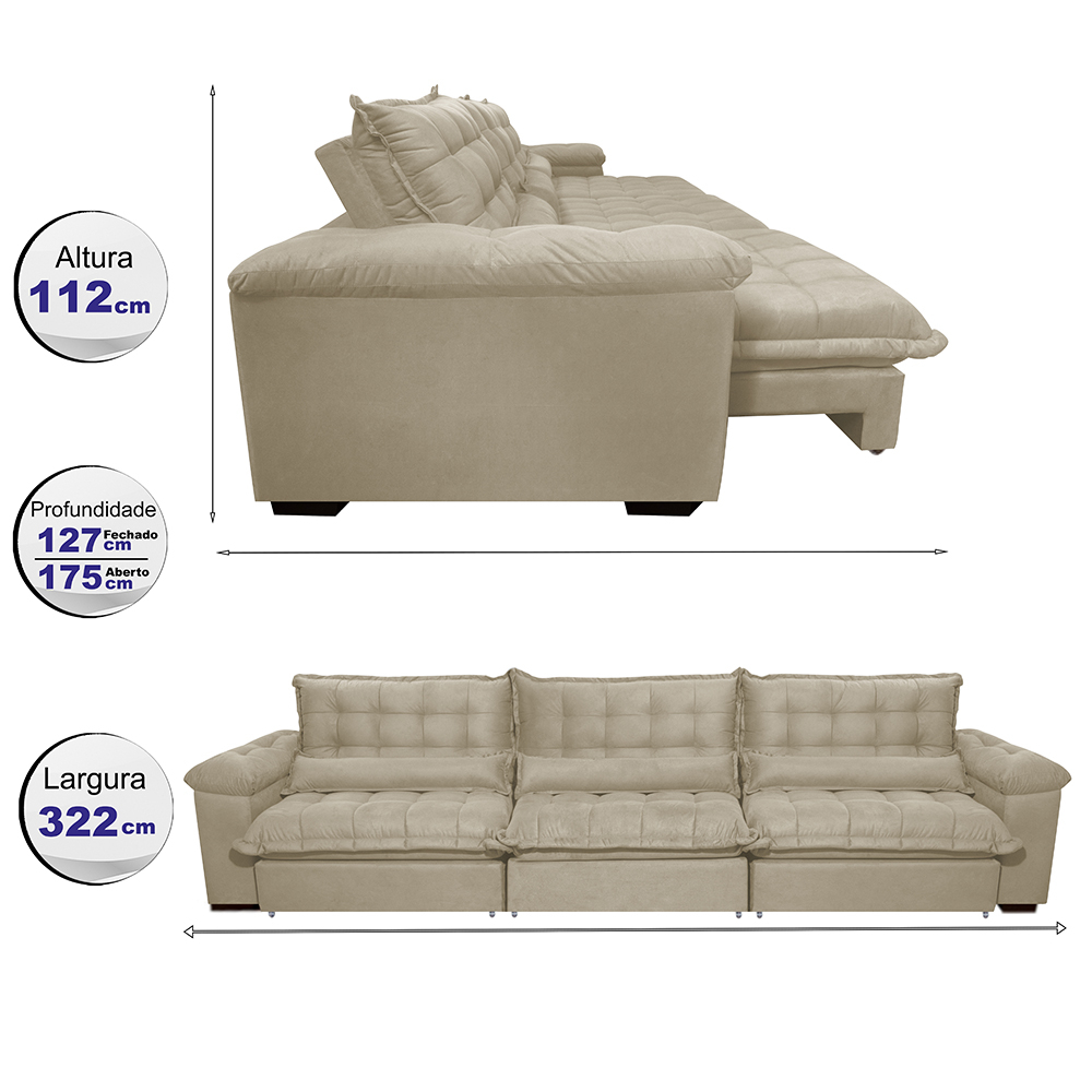Sofá Retrátil e Reclinável 3,22m com Molas Ensacadas Cama inBox Aconchego Tecido Suede Bege