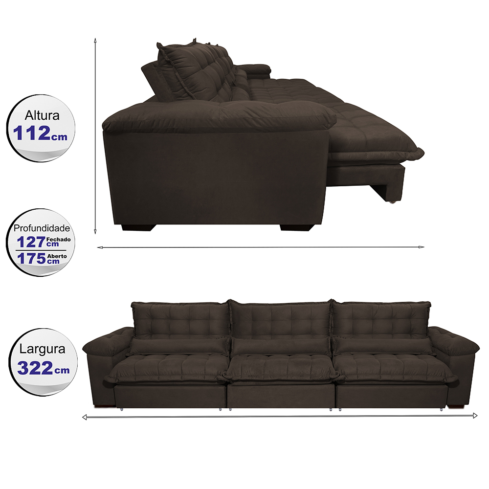Sofá Retrátil e Reclinável 3,22m com Molas Ensacadas Cama inBox Aconchego Tecido Suede Café