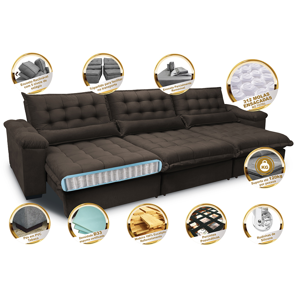 Sofá Retrátil e Reclinável 3,22m com Molas Ensacadas Cama inBox Aconchego Tecido Suede Café