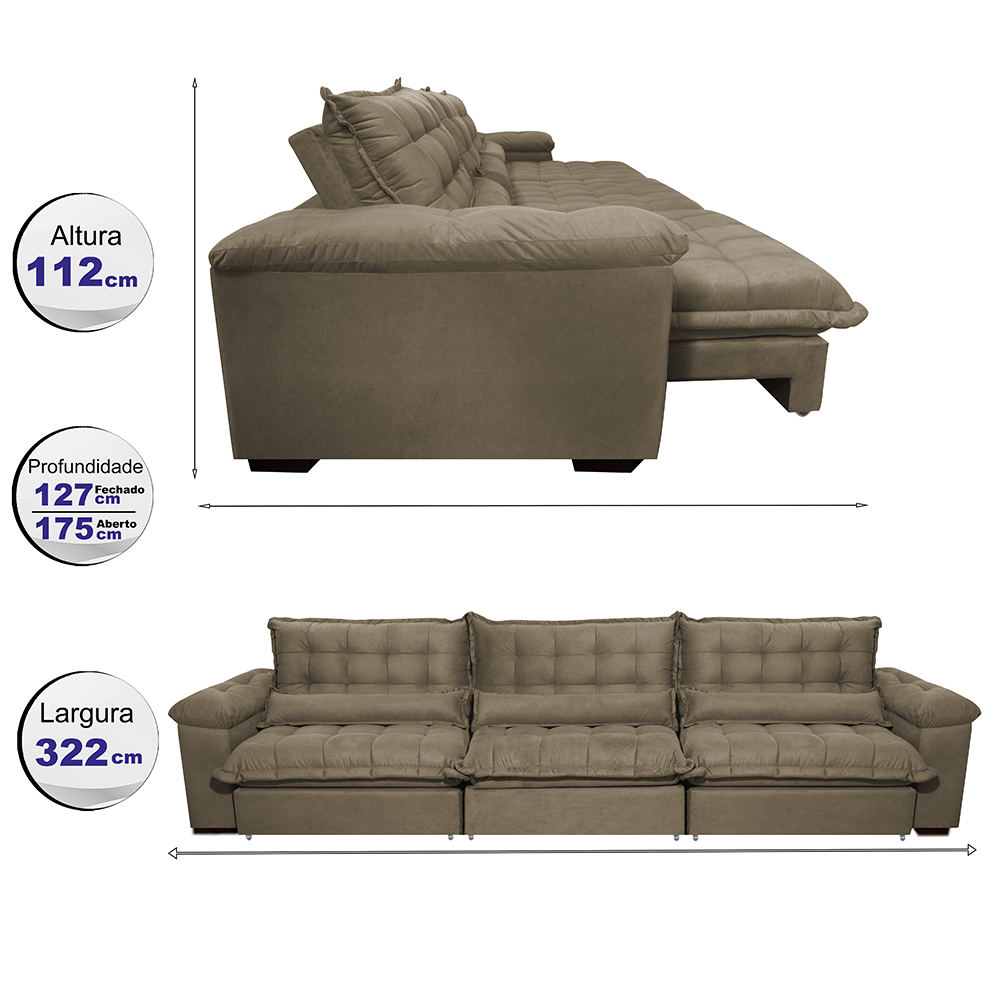 Sofá Retrátil e Reclinável 3,22m com Molas Ensacadas Cama inBox Aconchego Tecido Suede Castor