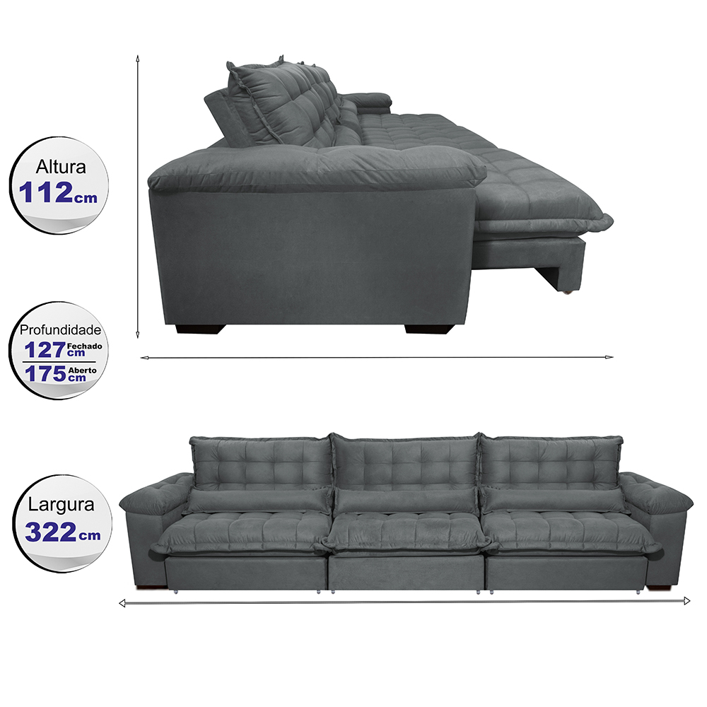 Sofá Retrátil e Reclinável 3,22m com Molas Ensacadas Cama inBox Aconchego Tecido Suede Cinza
