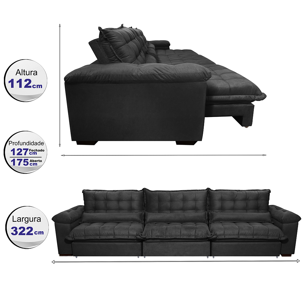 Sofá Retrátil e Reclinável 3,22m com Molas Ensacadas Cama inBox Aconchego Tecido Suede Preto