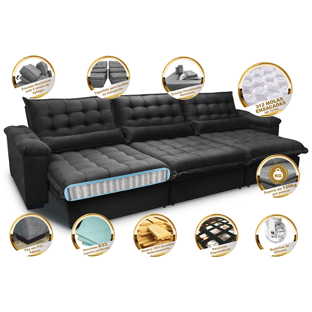 Sofá Retrátil e Reclinável 3,22m com Molas Ensacadas Cama inBox Aconchego Tecido Suede Preto