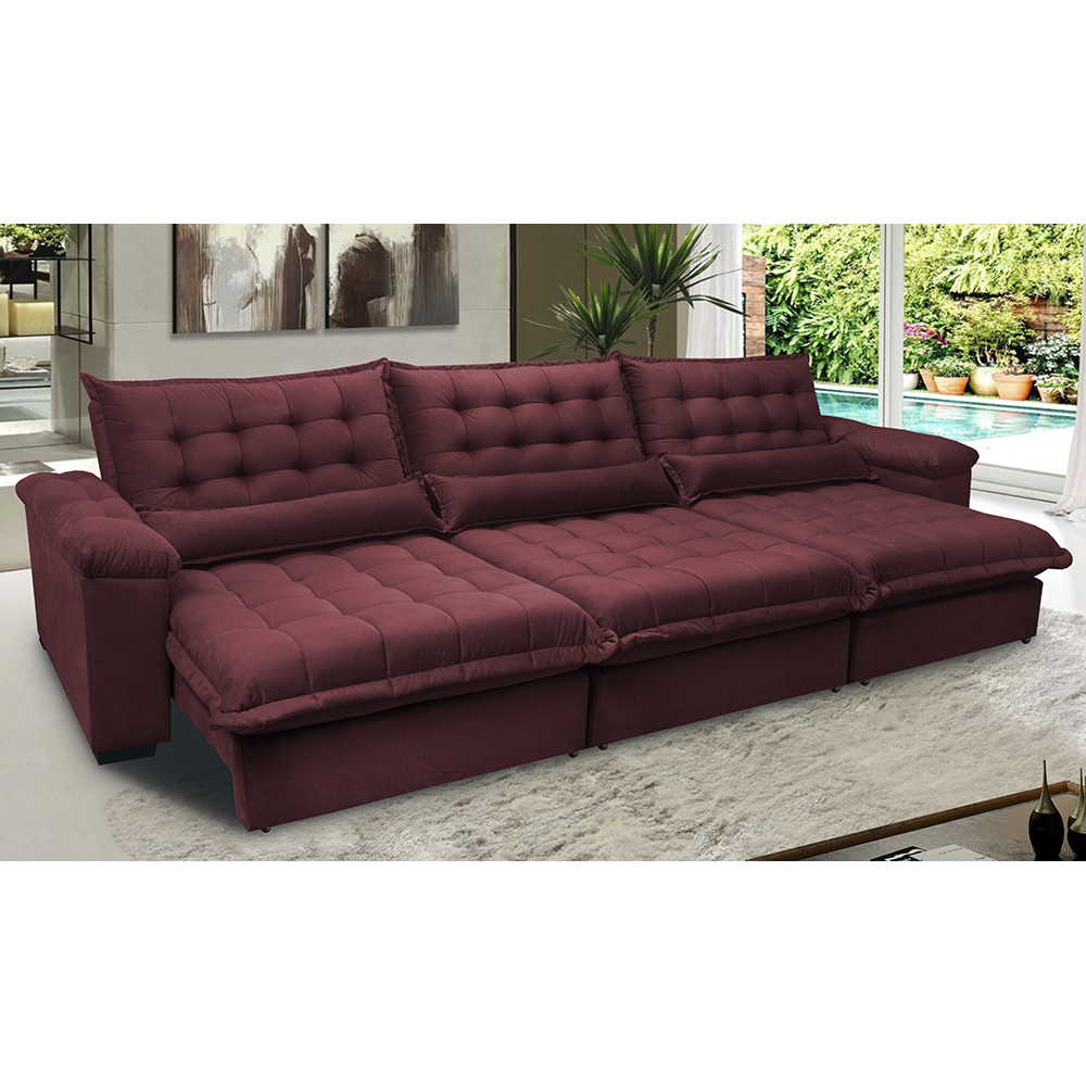 Sofá Retrátil e Reclinável 3,22m com Molas Ensacadas Cama inBox Aconchego Tecido Suede Vinho