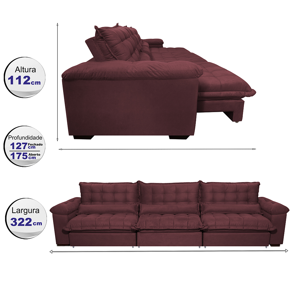 Sofá Retrátil e Reclinável 3,22m com Molas Ensacadas Cama inBox Aconchego Tecido Suede Vinho
